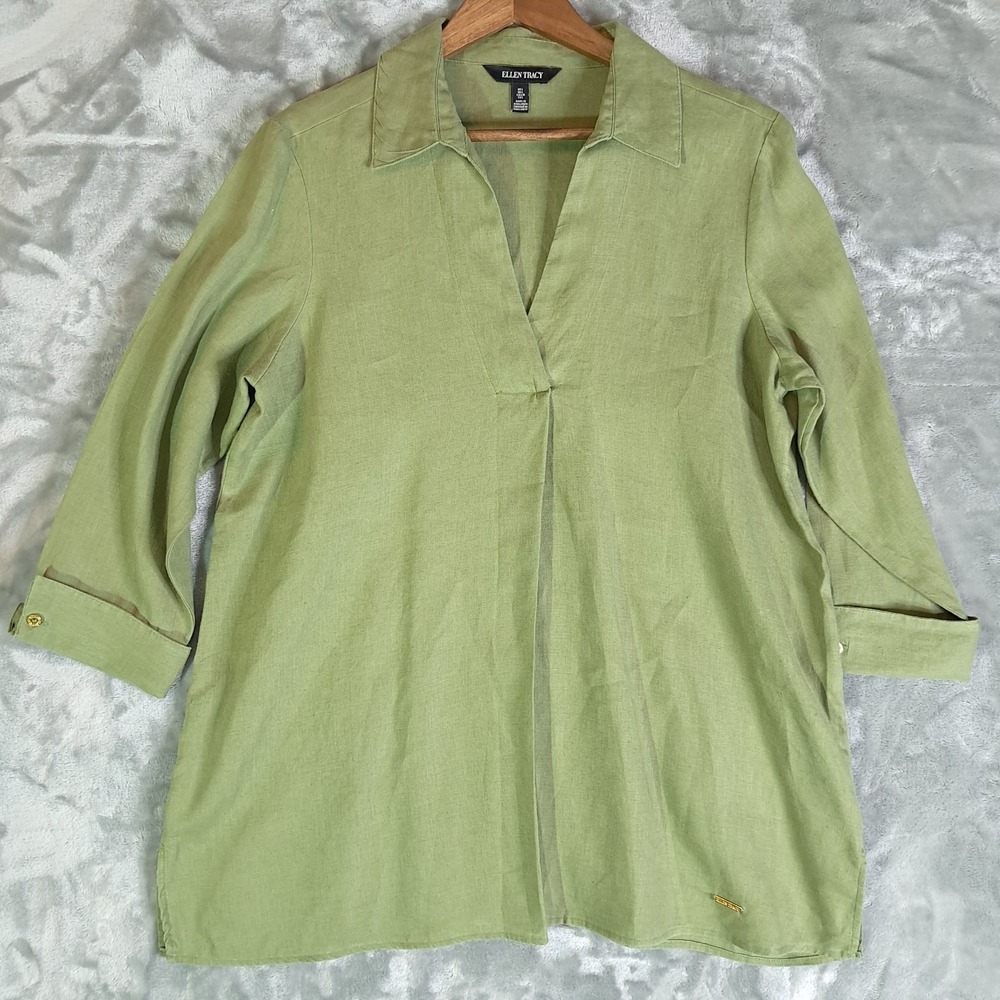 Ellen Tracy Women Olive Green 100% Linen 3/4 Sleeve V-Neck Tunic Top Shirt